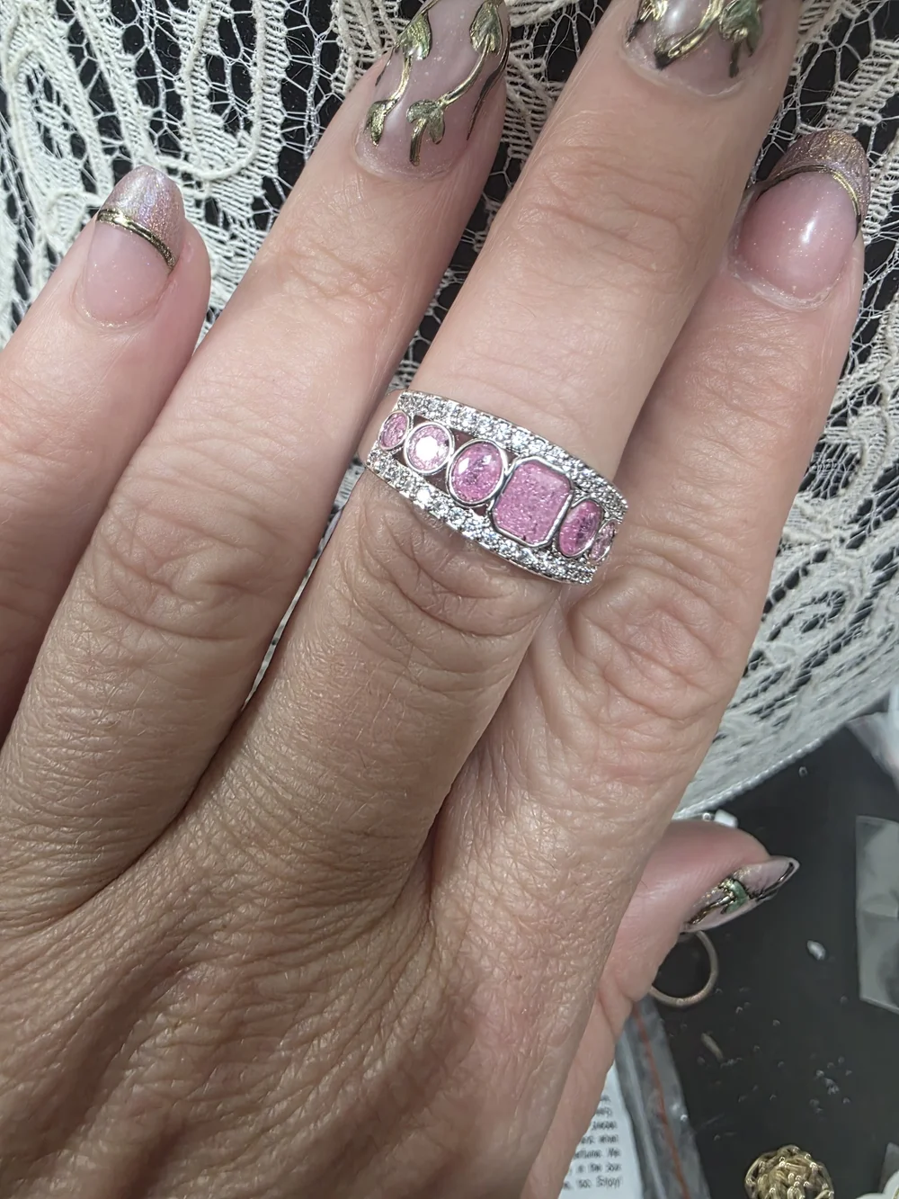 Silver Band Ring with Pink Gemstones and CZ Accents - Size 8